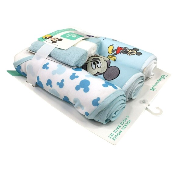 Disney Mickey Mouse Set  3 Hooded Bath Towels 3 Washcloths Infant Blue White NEW - Picture 3 of 8